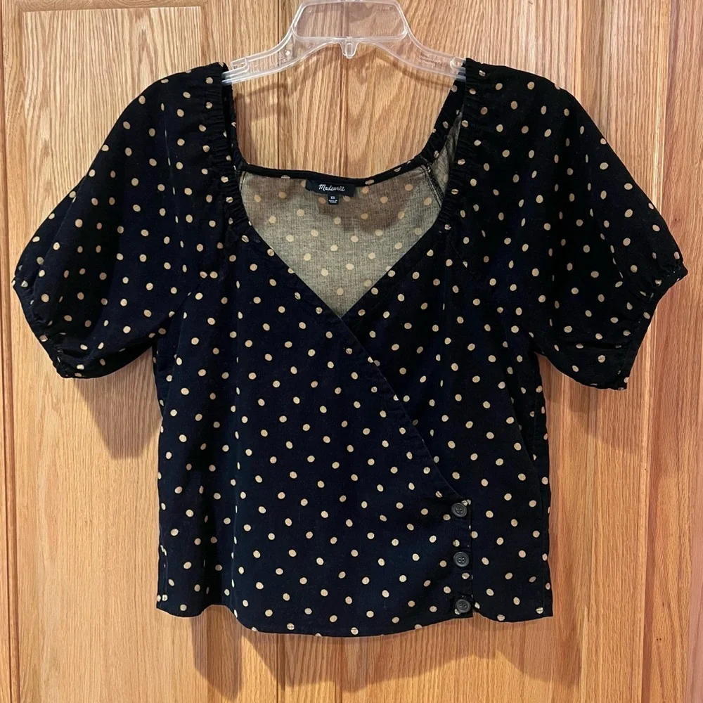 Madewell Corduroy Puff-Sleeve Button Wrap Top Black in‎ Tan Oval Dot Size XS
